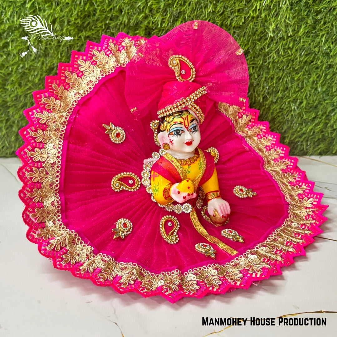Handmade Laddu Gopal Heavy Dress – Pink Floral Designer Poshak with Pearl & Bead Work