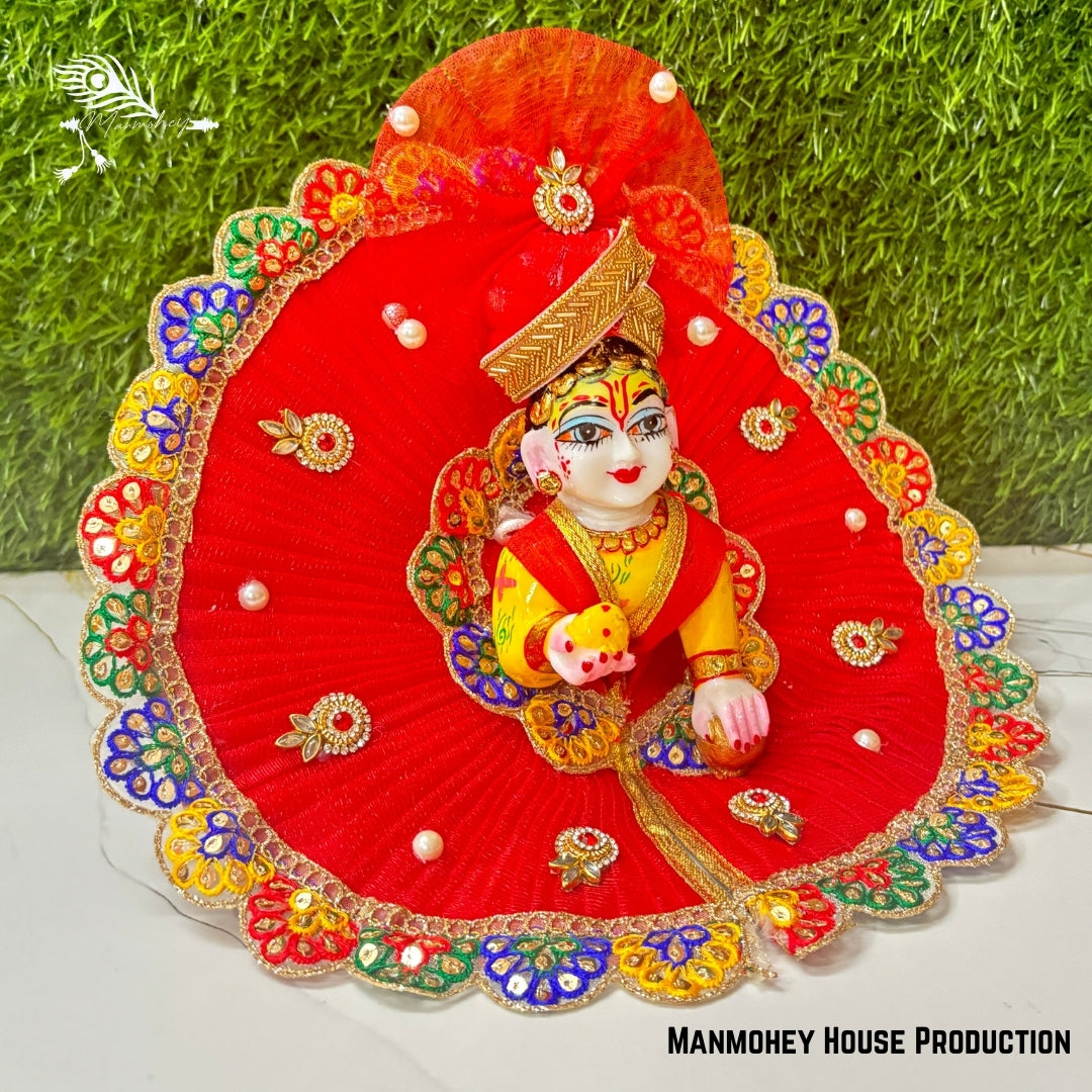 Traditional Red Laddu Gopal Ji Dress with Multicolor Embroidery and Pagdi