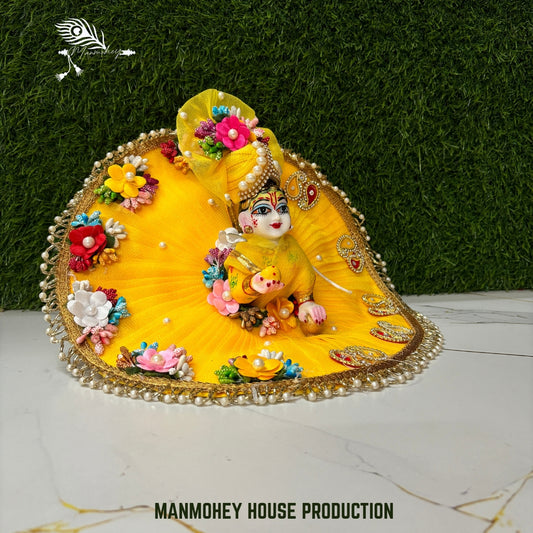 Bright Yellow Floral Laddu Gopal Ji Dress with Pearl & Stone Pagdi – Handcrafted Festive Wear