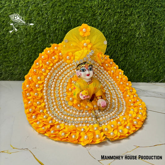 Radiant Yellow Moti Flower With Stone Work Baby Krishna Dress Set