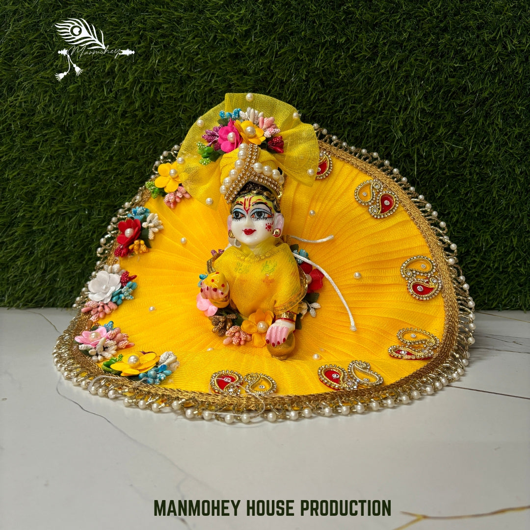 Bright Yellow Floral Laddu Gopal Ji Dress with Pearl & Stone Pagdi – Handcrafted Festive Wear