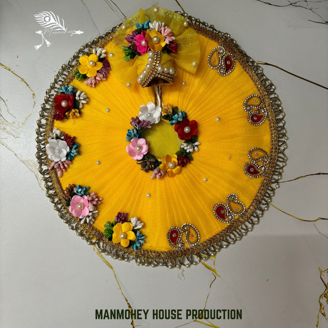 Bright Yellow Floral Laddu Gopal Ji Dress with Pearl & Stone Pagdi – Handcrafted Festive Wear