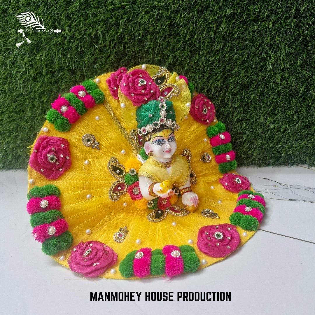 Laddu Gopal Ji Yellow Dress with Green-Pink Floral Design – Handmade Traditional Outfit