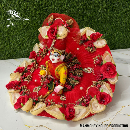 Handmade Laddu Gopal Heavy Dress – Royal Red Floral Poshak with Multicolor