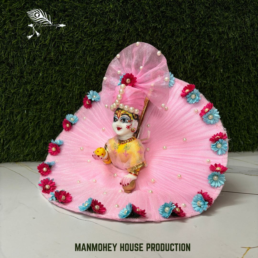 Elegant Pink Pearl & Floral Designer Laddu Gopal Ji Dress with Matching Pagdi