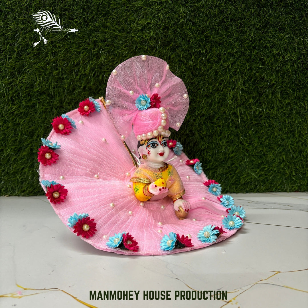 Elegant Pink Pearl & Floral Designer Laddu Gopal Ji Dress with Matching Pagdi
