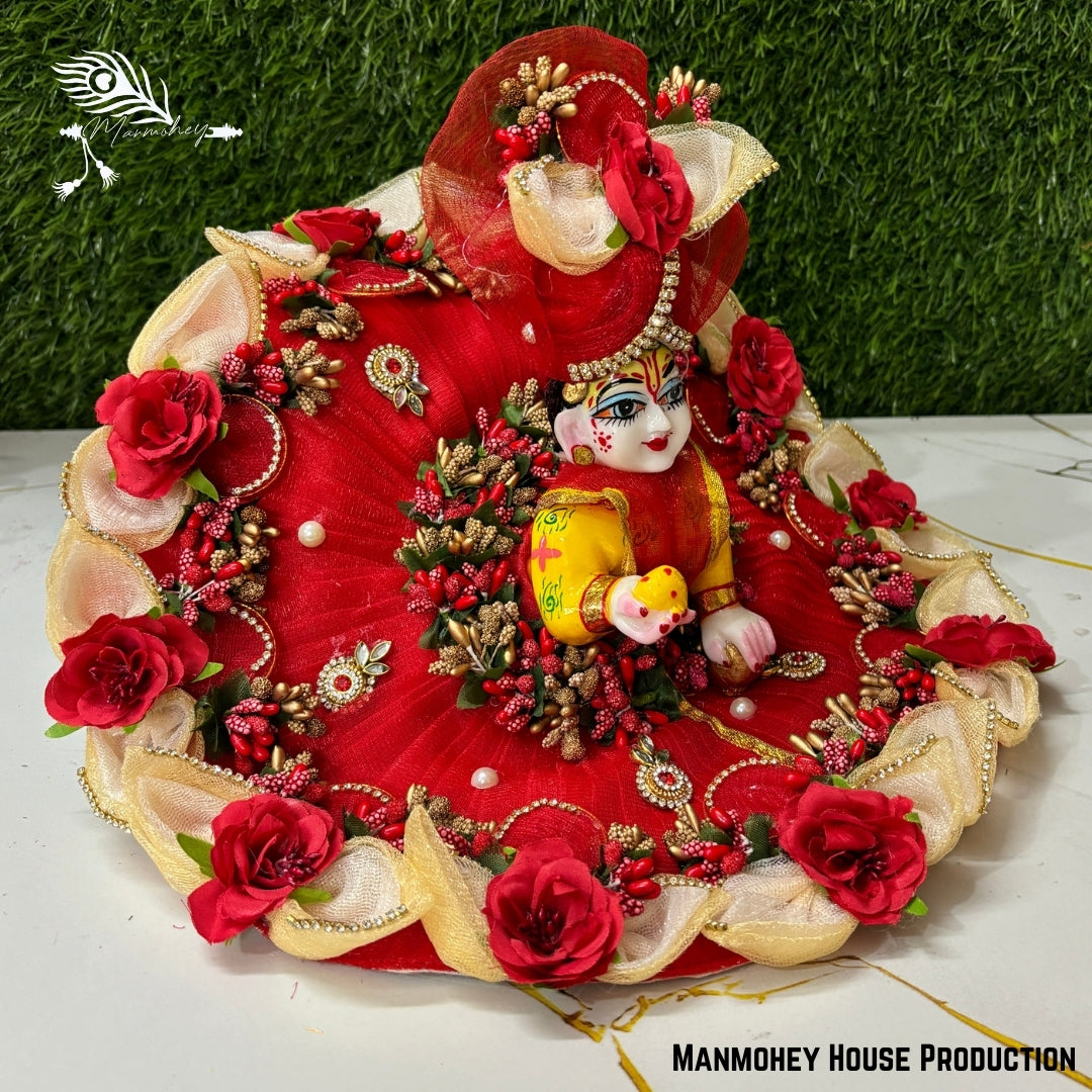 Handmade Laddu Gopal Heavy Dress – Royal Red Floral Poshak with Multicolor