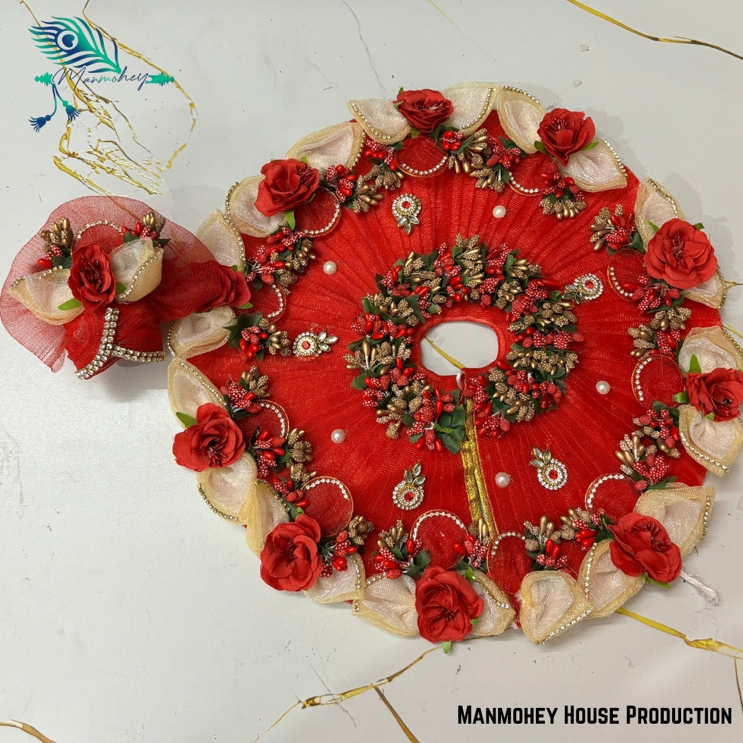 Handmade Laddu Gopal Heavy Dress – Royal Red Floral Poshak with Multicolor