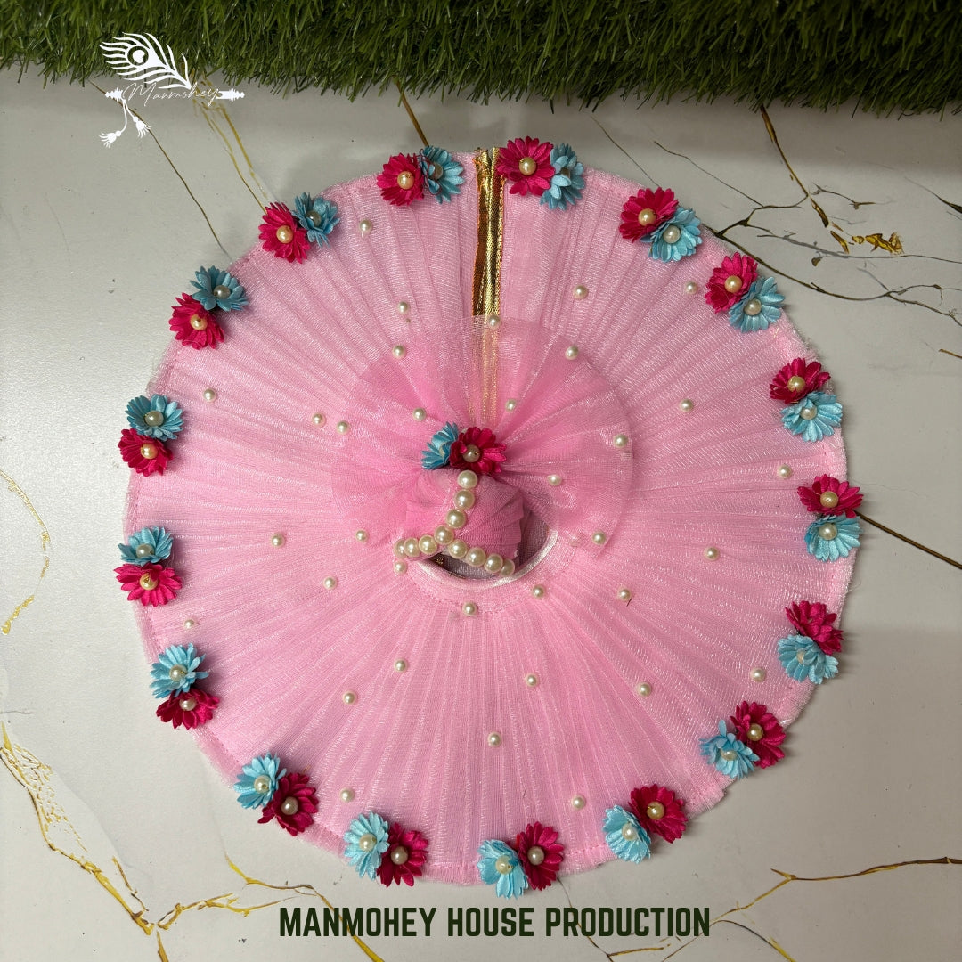 Elegant Pink Pearl & Floral Designer Laddu Gopal Ji Dress with Matching Pagdi