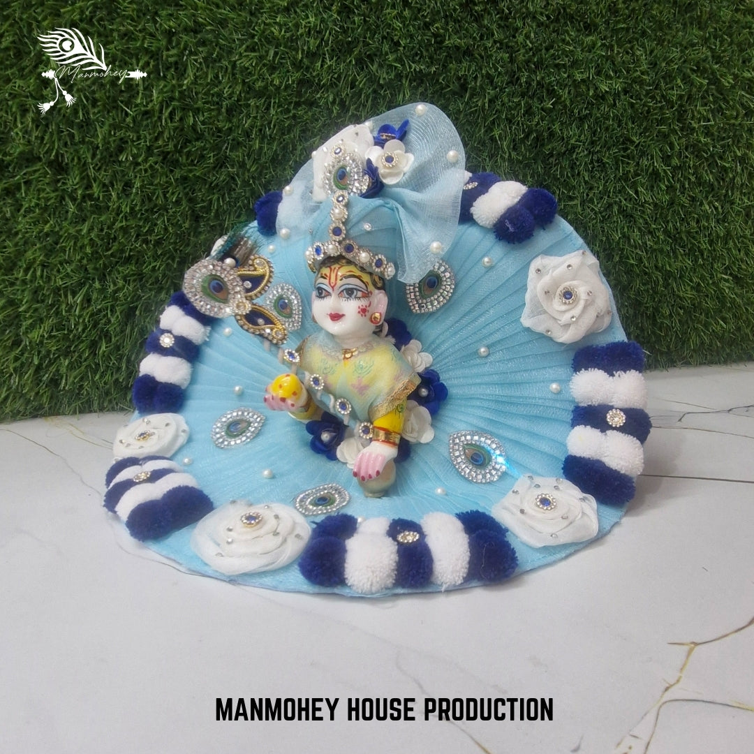 Sky Blue Designer Laddu Gopal Dress with Moti and Peacock Feather Work