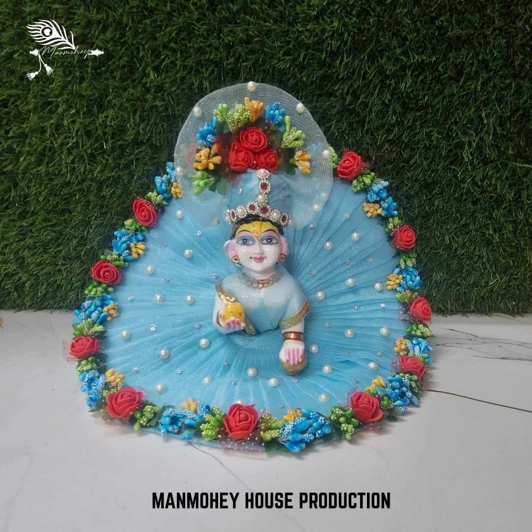 Sky Blue Floral Pearl Dress for Laddu Gopal Ji | Elegant Designer Attire by Manmohey