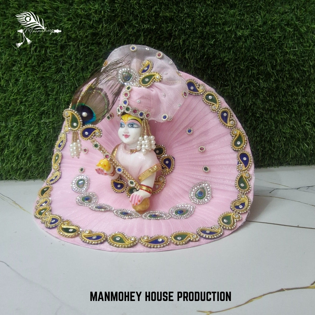 Pink Laddu Gopal Dress with Bansuri and Peacock Border | Handmade Designer Dress