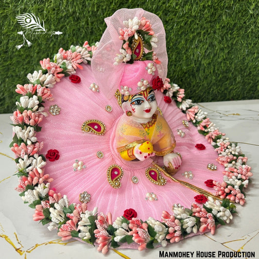 Royal Pink Laddu Gopal Heavy Poshak – Handcrafted Kanha Ji Dress with Golden Embroidery & Elegant Detailing