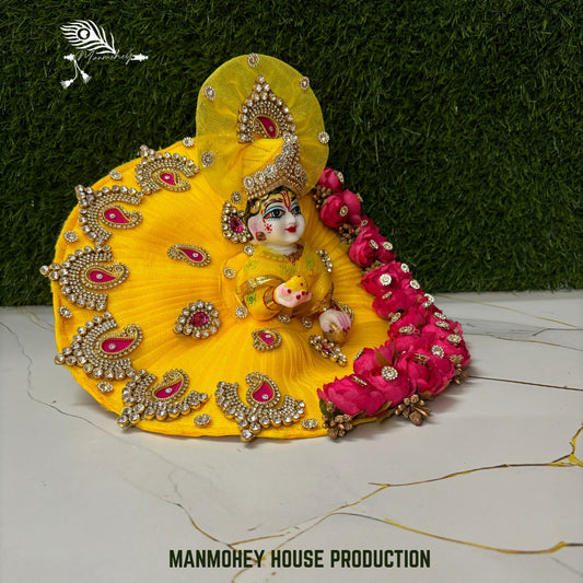 Royal Yellow & Pink Rose Laddu Gopal Ji Dress with Heavy Stone and Pagdi Set