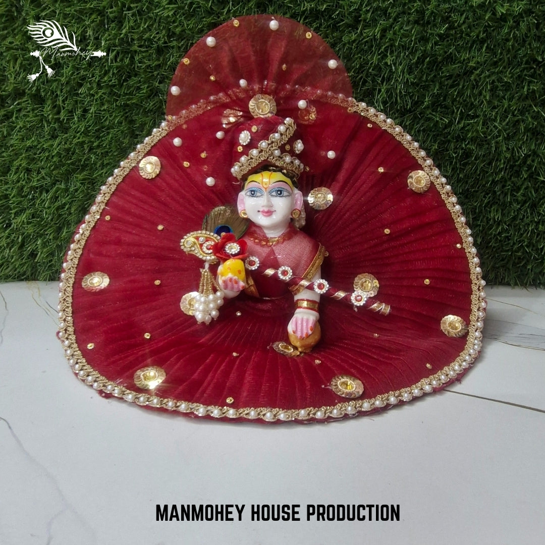 Elegant Red Laddu Gopal Ji Dress with Bansuri | Handmade Velvet Look Dress