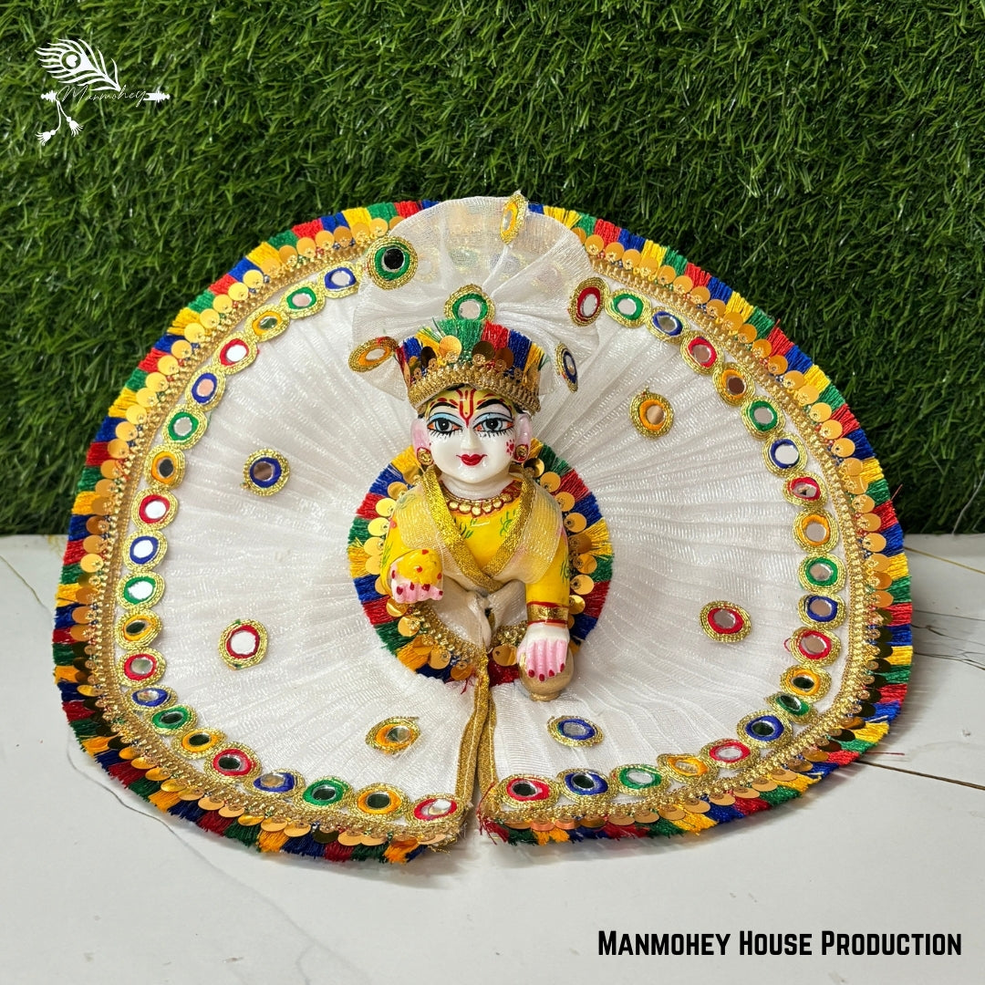 Divine White Laddu Gopal Heavy Poshak – Handmade Krishna Ji Dress with Golden Embellishments & Multicolor Border
