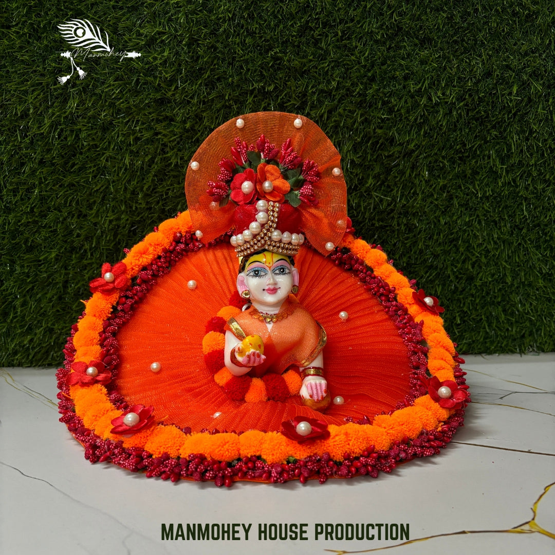 Bright Orange Designer Laddu Gopal Dress with Floral Crown