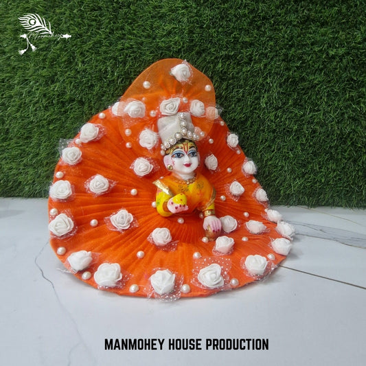 Bright Orange Laddu Gopal Ji Dress with White Rose Work | Designer Floral Poshak