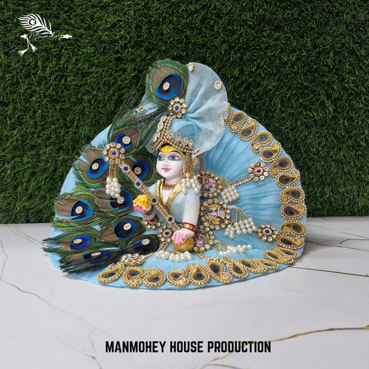 Elegant Blue Peacock Feather Laddu Gopal Dress with Crown & Accessories