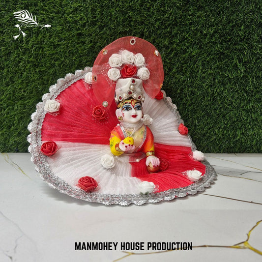 Red & White Floral Designer Chamki Lace Dress for Laddu Gopal Ji