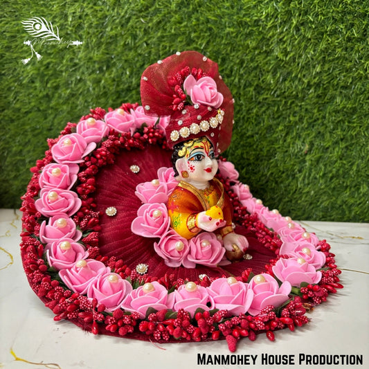 Royal Pink Laddu Gopal Heavy Poshak – Handcrafted Floral Krishna Ji Dress with Turban & Embroidery