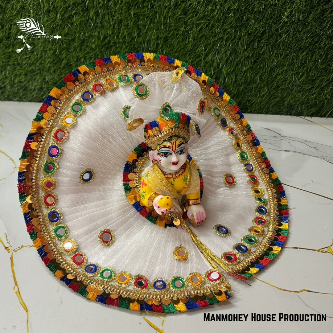 Divine White Laddu Gopal Heavy Poshak – Handmade Krishna Ji Dress with Golden Embellishments & Multicolor Border