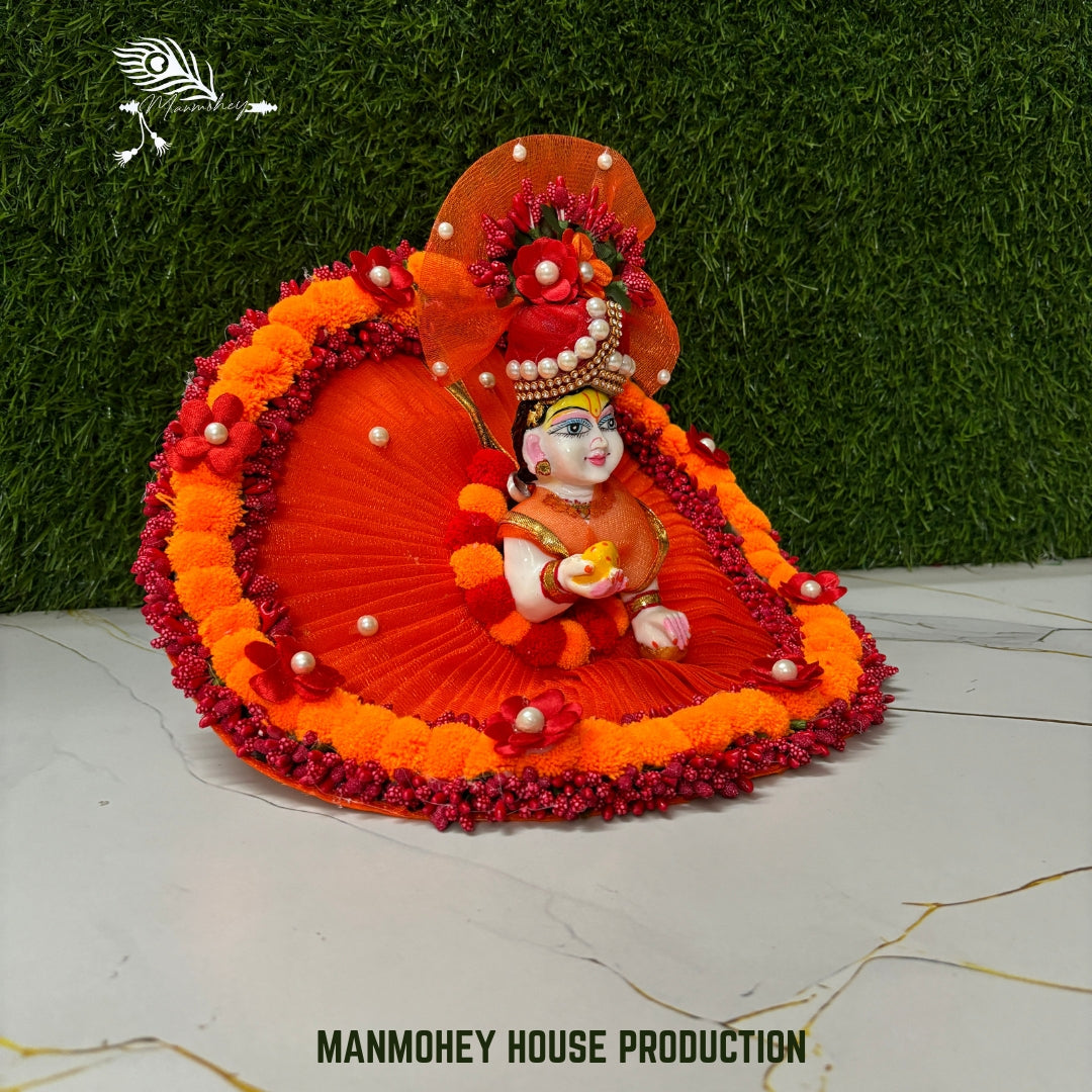 Bright Orange Designer Laddu Gopal Dress with Floral Crown
