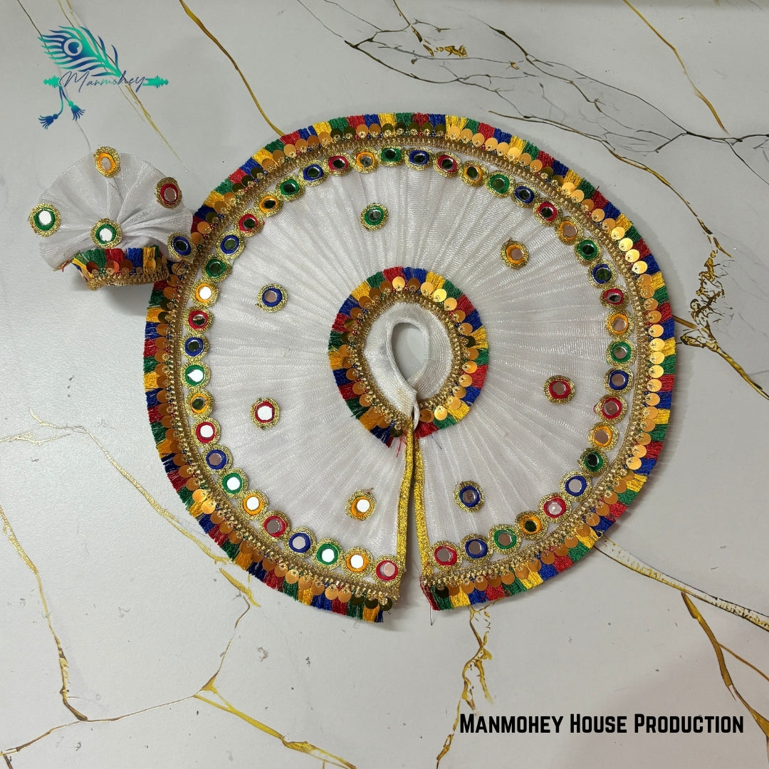 Divine White Laddu Gopal Heavy Poshak – Handmade Krishna Ji Dress with Golden Embellishments & Multicolor Border