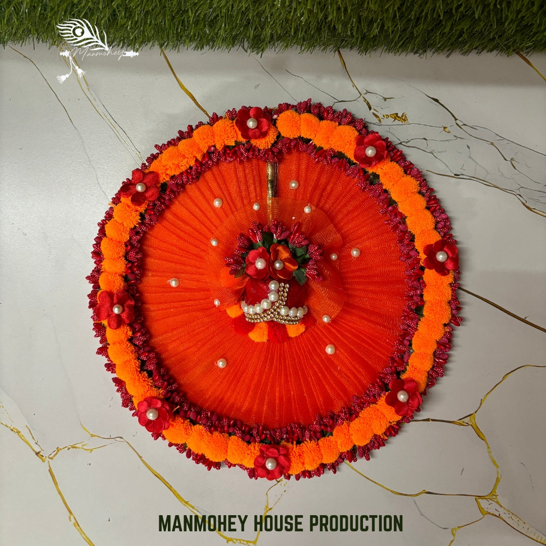 Bright Orange Designer Laddu Gopal Dress with Floral Crown