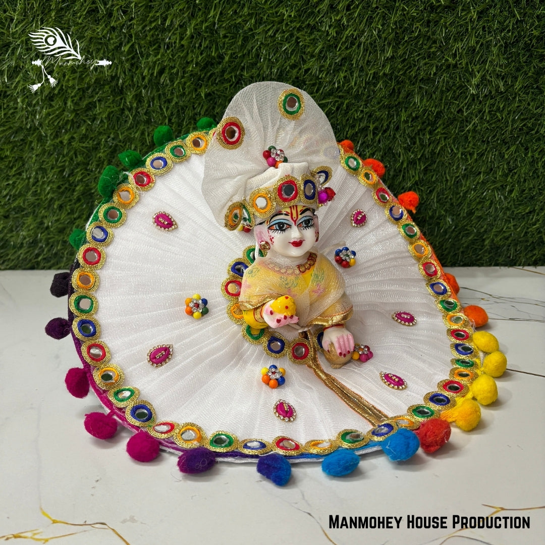 Handcrafted Laddu Gopal Dress – White Heavy Poshak with Colorful Pom-Pom & Embroidery