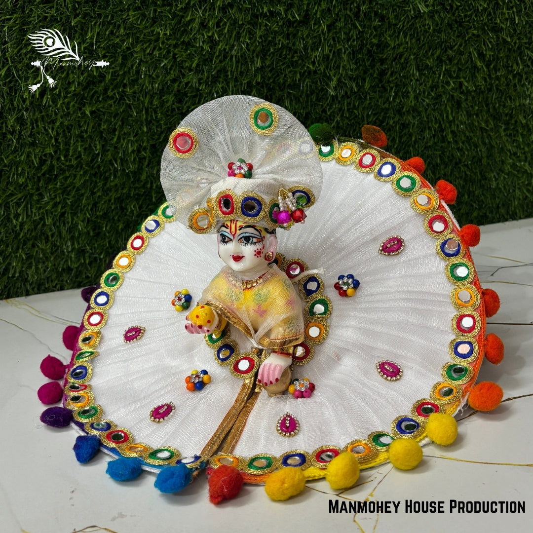 Handcrafted Laddu Gopal Dress – White Heavy Poshak with Colorful Pom-Pom & Embroidery