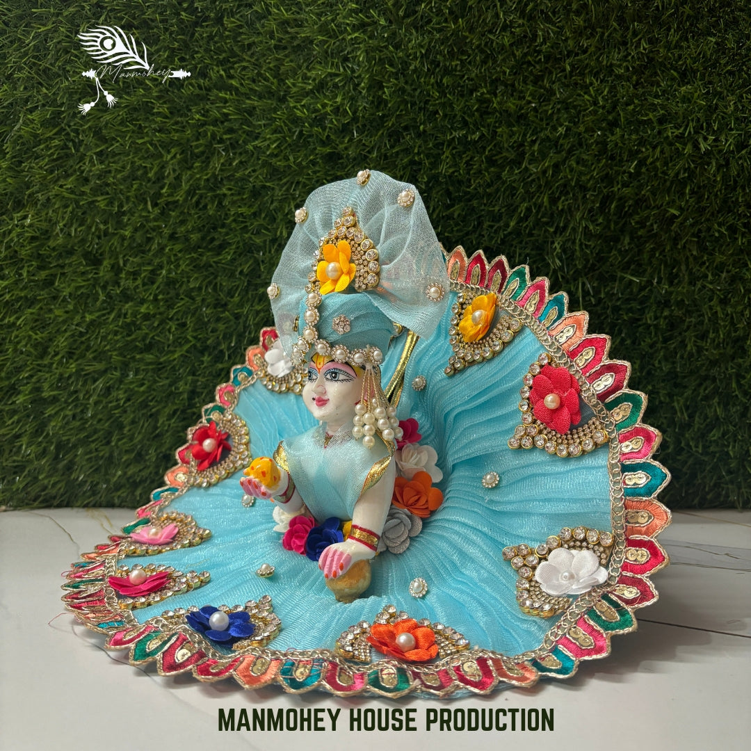 Elegant Sky Blue Laddu Gopal Ji Dress with Floral Embellishments