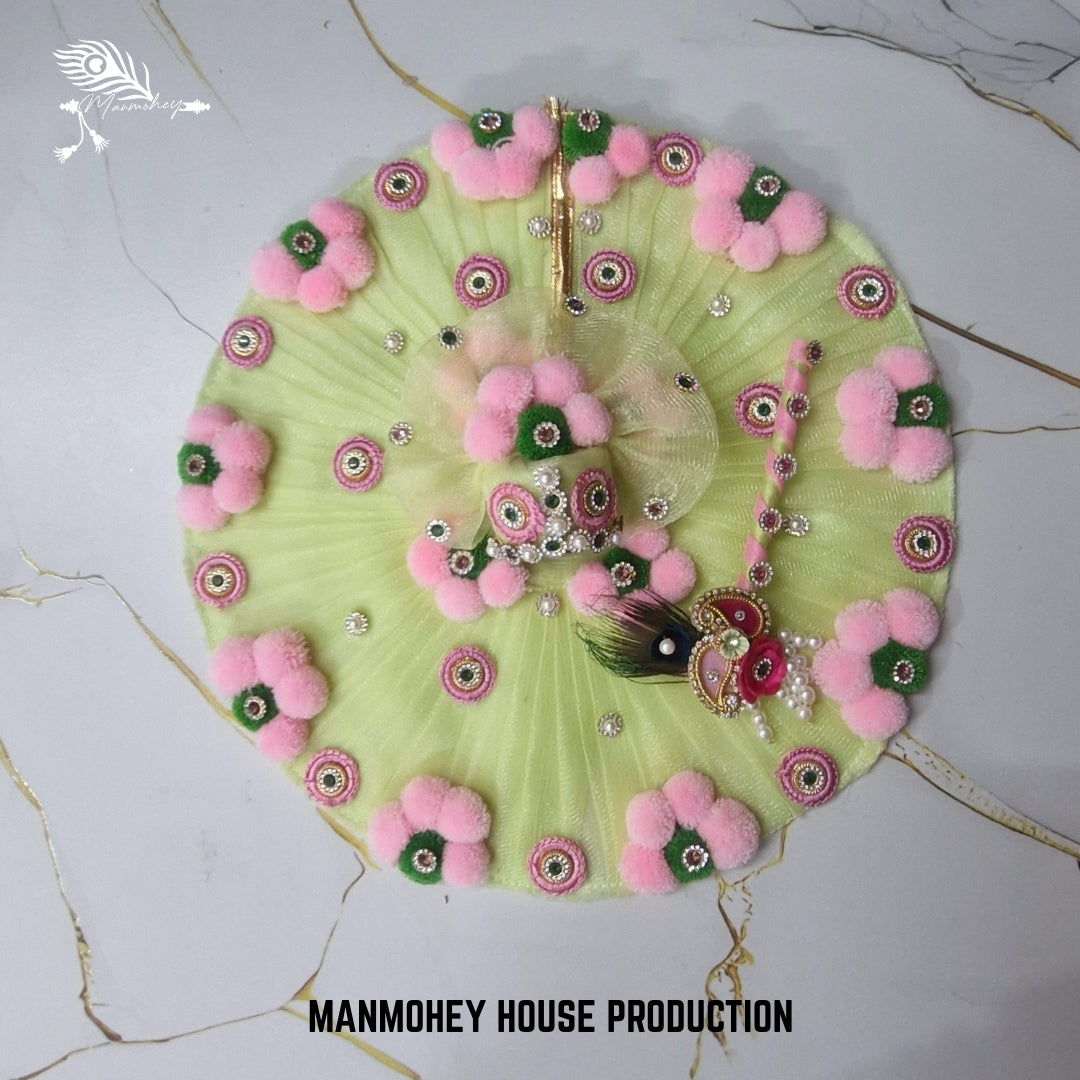 Light Green Laddu Gopal Dress with Pink Pom-Pom Flowers | Elegant Bansuri Poshak