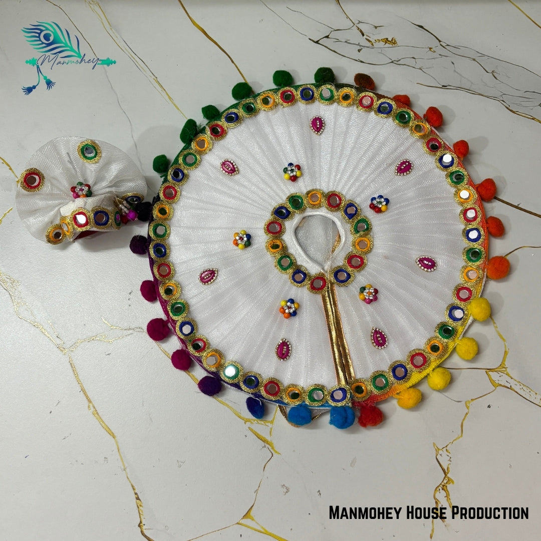 Handcrafted Laddu Gopal Dress – White Heavy Poshak with Colorful Pom-Pom & Embroidery