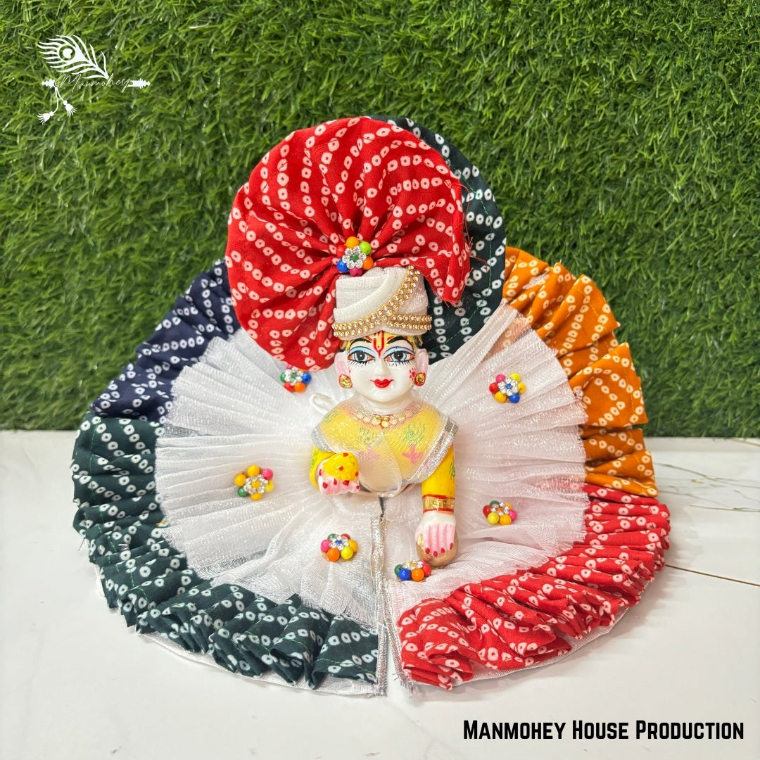 Traditional Bandhani Laddu Gopal Heavy Poshak – Handmade Yellow, Red & Black Krishna Ji Dress