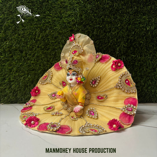 Floral Radiance Yellow Dress for Laddu Gopal Ji | Pink Stone & Flower Embellished Mukut Set