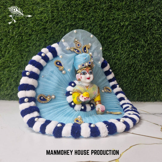 Sky Blue Laddu Gopal Dress with Navy Velvet Stripes | Designer Poshak Set with Pearl Work