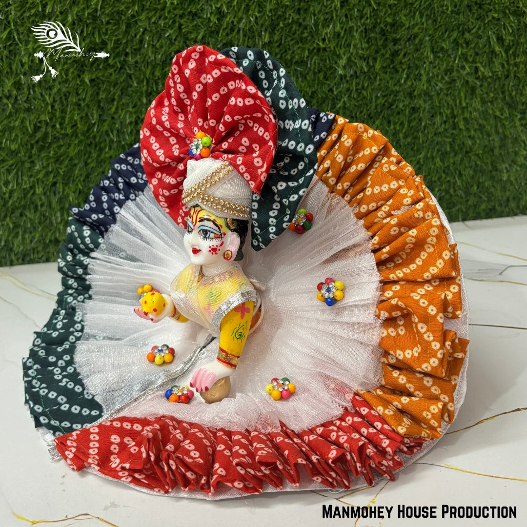 Traditional Bandhani Laddu Gopal Heavy Poshak – Handmade Yellow, Red & Black Krishna Ji Dress