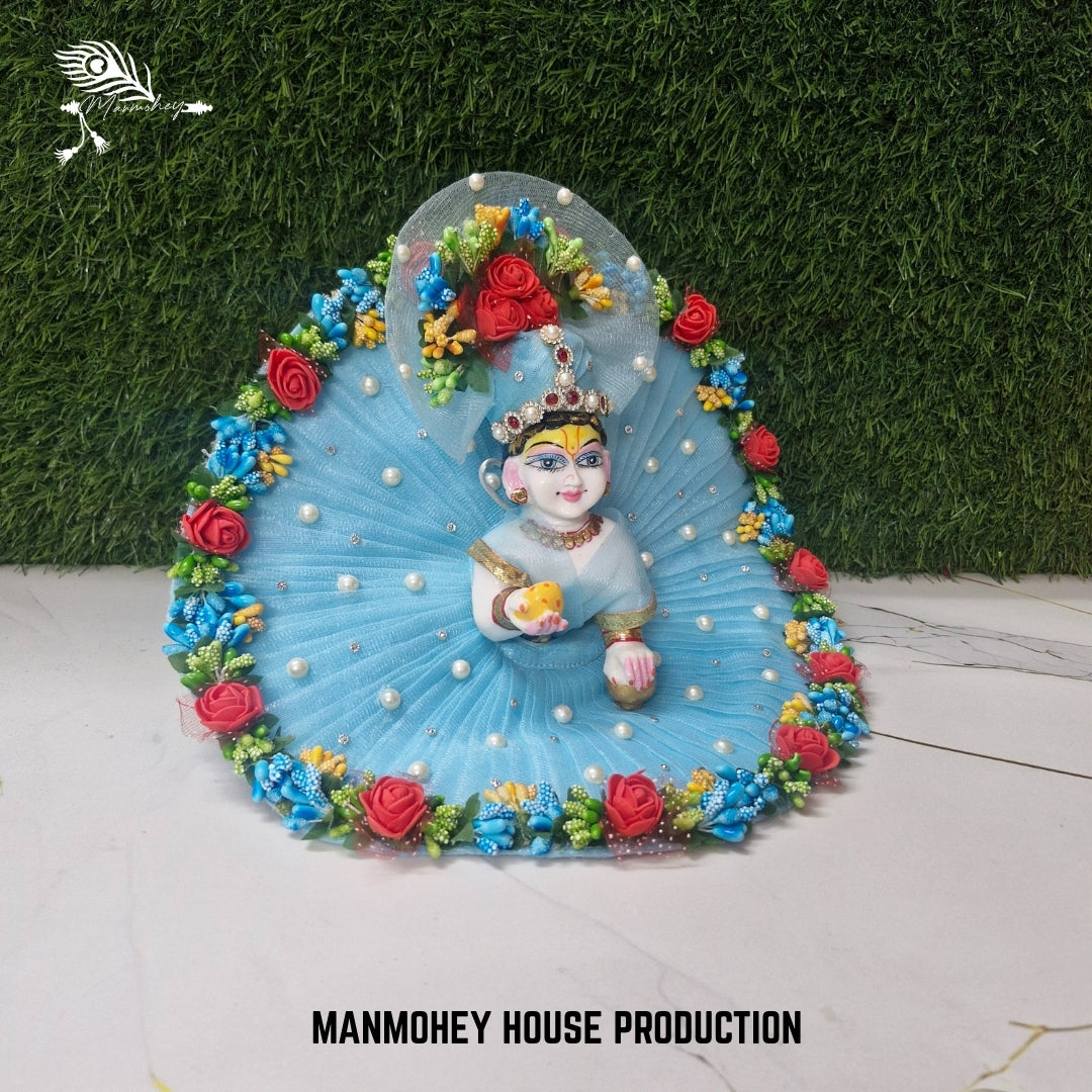 Sky Blue Floral Pearl Dress for Laddu Gopal Ji | Elegant Designer Attire by Manmohey