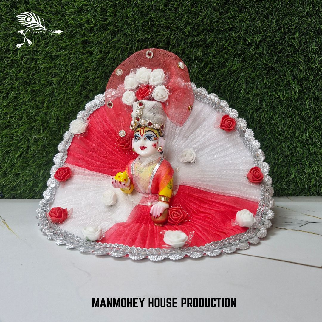 Red & White Floral Designer Chamki Lace Dress for Laddu Gopal Ji