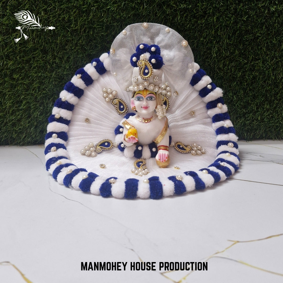 White Laddu Gopal Ji Dress with Navy Blue Velvet Stripes | Elegant Pearl & Kundan Poshak