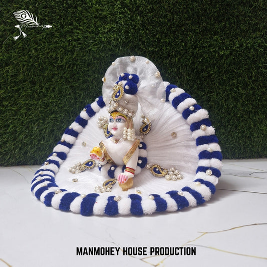 White Laddu Gopal Ji Dress with Navy Blue Velvet Stripes | Elegant Pearl & Kundan Poshak