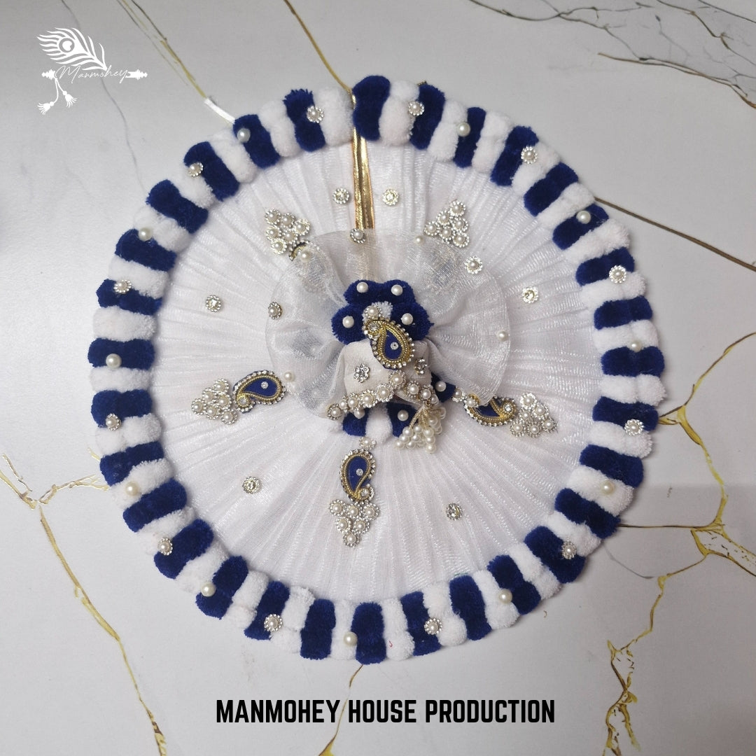 White Laddu Gopal Ji Dress with Navy Blue Velvet Stripes | Elegant Pearl & Kundan Poshak