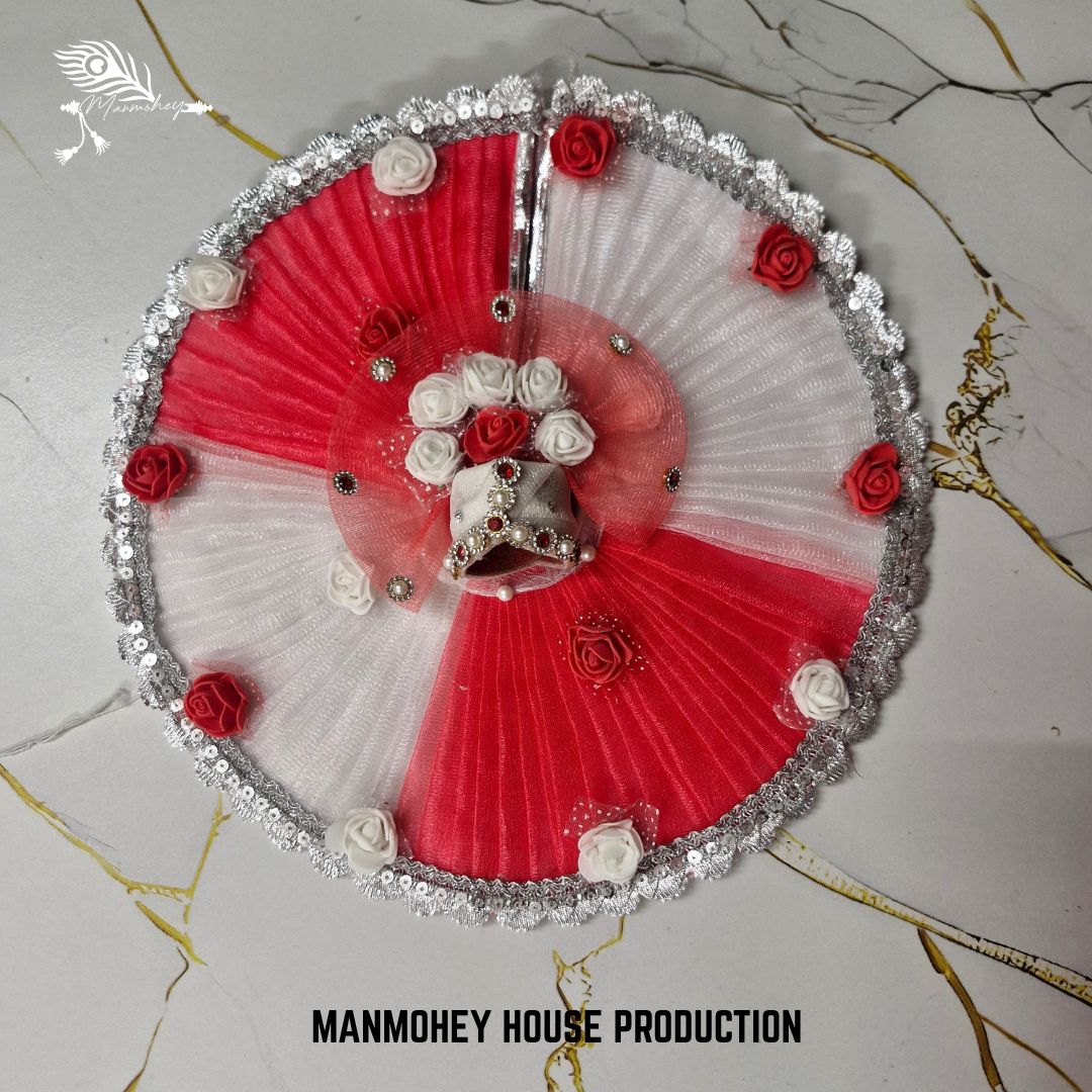 Red & White Floral Designer Chamki Lace Dress for Laddu Gopal Ji