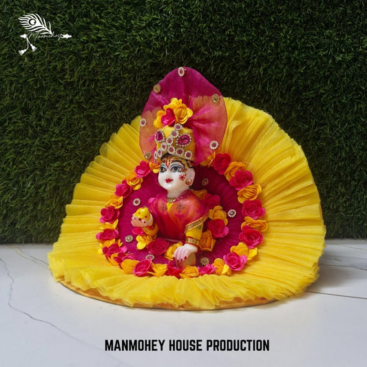 Yellow & Pink Floral Laddu Gopal Ji Dress with Pleated Design and Decorative Mukut