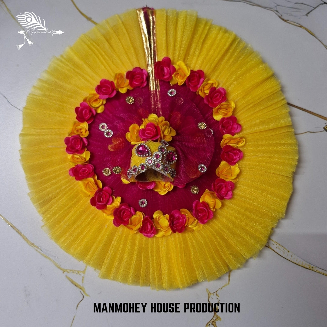 Yellow & Pink Floral Laddu Gopal Ji Dress with Pleated Design and Decorative Mukut