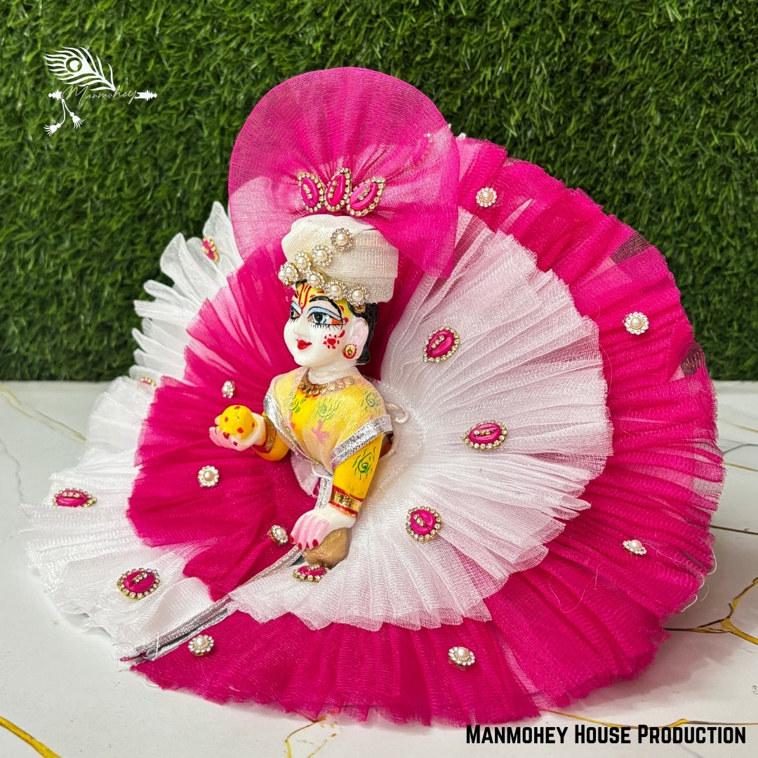 Pink & White Laddu Gopal Heavy Poshak – Handmade Krishna Ji Dress with Pearl & Stone Embellishments