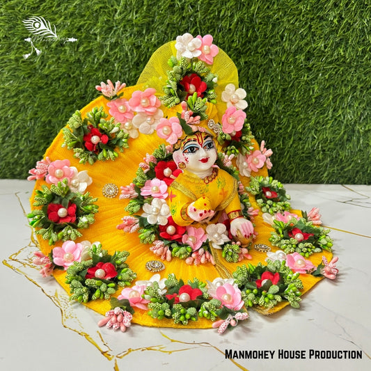 Elegant Yellow Floral & Pearl Embellished Laddu Gopal Poshak – Divine Krishna Ji Heavy Outfit
