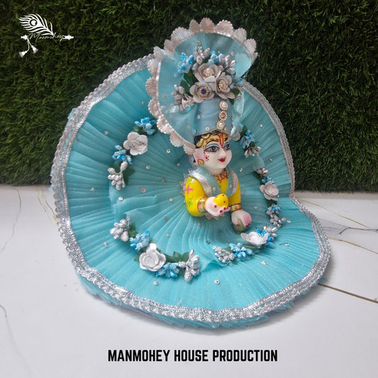 Elegant Sky Blue Laddu Gopal Dress with White Floral Design