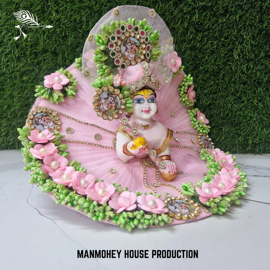 Divine Pink Radha Krishna Laddu Gopal Dress with Pearl & Floral Embellishments
